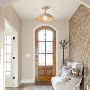 10.6 in 1-Light Wood-colored Farmhouse Semi-Flush Mount with Shade and No Bulbs Included