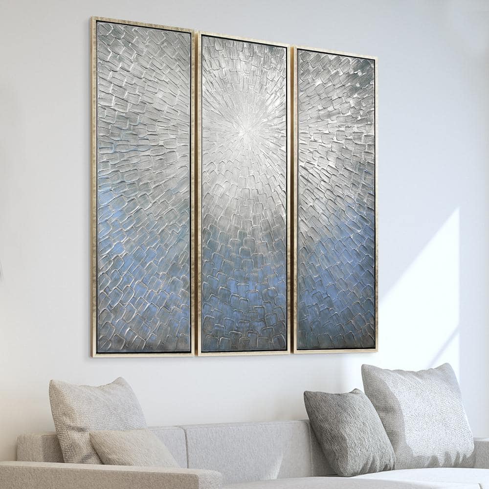 Silver Ice 60" Textured Hand-Painted Abstract Canvas Triptych