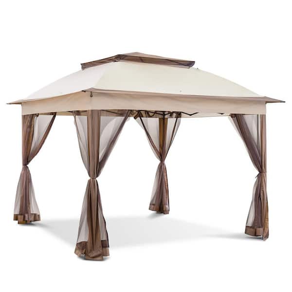Beige Steel Portable Pop-Up Gazebo with Mosquito Netting 11 ft. x 11 ft.