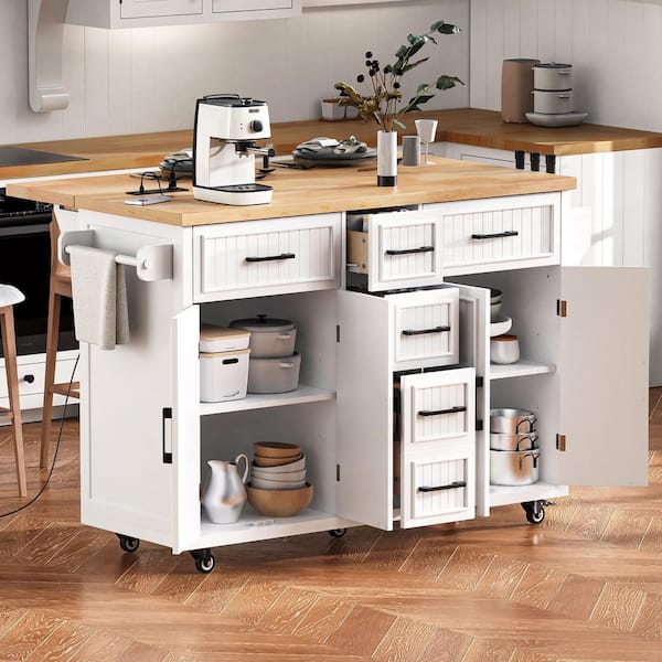 Nestfair White Wood 56.5 in. Rolling Kitchen Island with Drop Leaf, Power Outlet and 5-Wheels