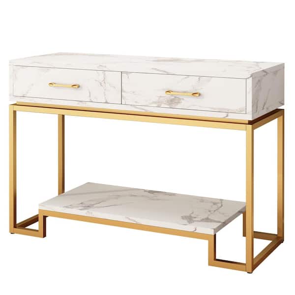 Karl home Modern Style 42.52 in. White and Gold Rectangle Marble Grain MDF Console Table with 2 Drawers and Shelf