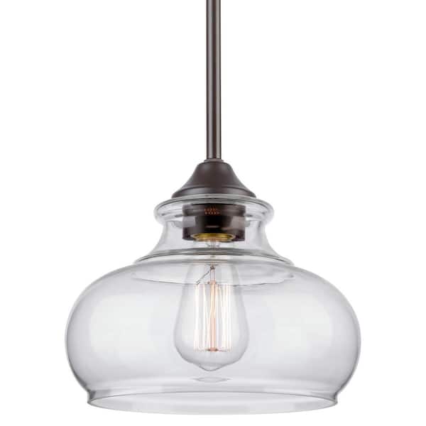 Kira Home Harlow 9 in. 60-Watt 1-Light Oil-Rubbed Bronze Modern Bowl Shaped Pendant Light with Clear Shade