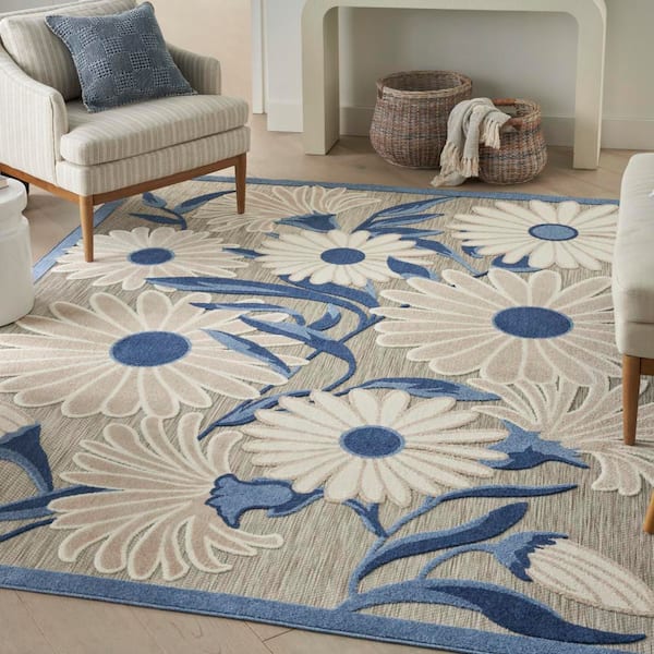Aloha Blue/Grey 5 ft. x 8 ft. Botanical Contemporary Indoor/Outdoor Area Rug