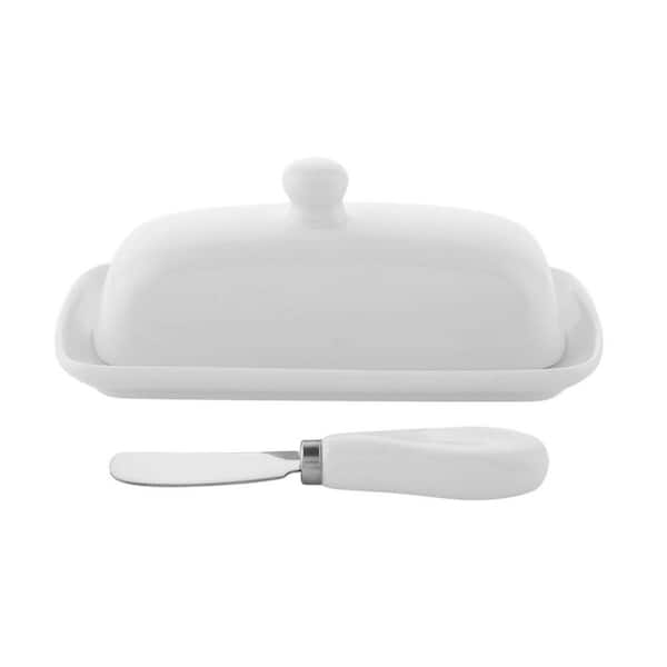 1.5 oz. White Porcelain Butter Dish With Lid For Countertop with Knob Handle Great for Cooking
