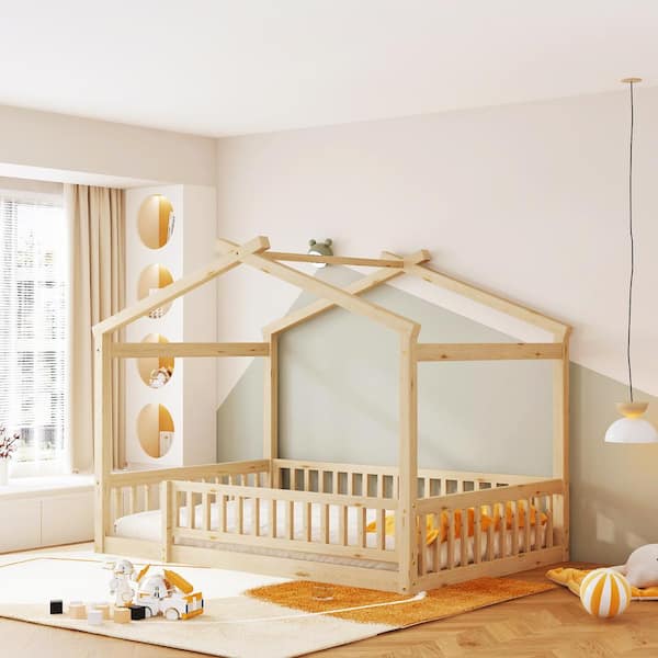 Harper & Bright Designs Natural Full Size Wood House Bed with Fence ...