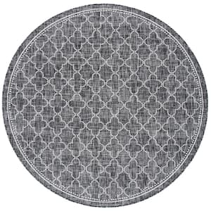 Courtyard Black/Gray 7 ft. x 7 ft. Dotted Clover Indoor/Outdoor Patio  Round Area Rug
