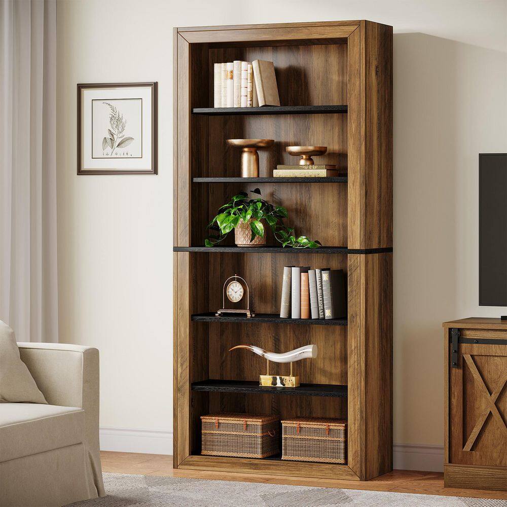 Eulas 74.4 in. Tall Black and Brown Wood 6-Shelf Open Display Bookcase, 6-Tier Storage Shelf for Home Office