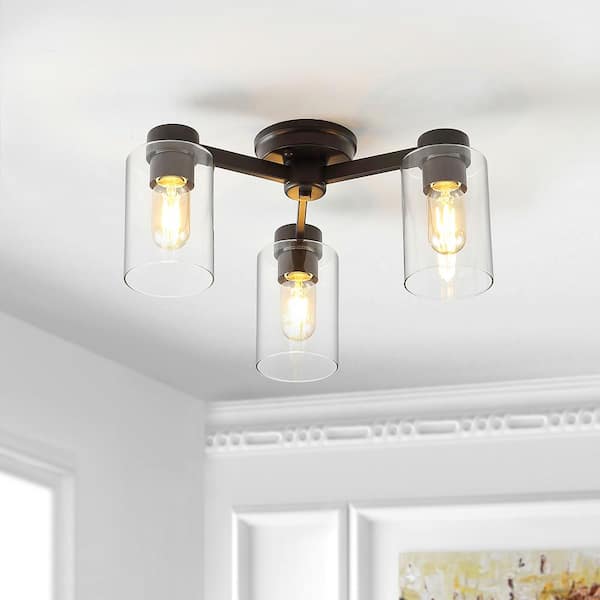 JONATHAN Y Orville 17 in. 3-Light Farmhouse Industrial Iron Cylinder LED Semi Flush Mount, Oil Rubbed Bronze/Clear