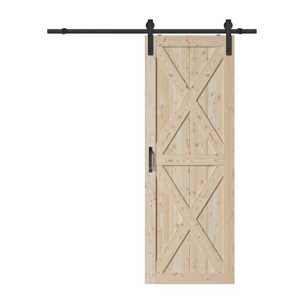 ARK DESIGN 30 in. x 84 in. Solid Core Unfinished Pine Wood Double X Design Barn Door Slab with Hardware Kit
