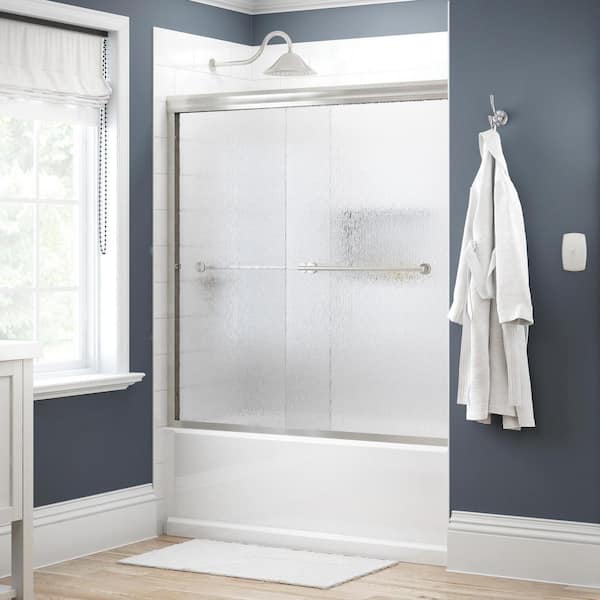 Delta Traditional 59-3/8 in. W x 58-1/8 in. H Semi-Frameless Sliding Bathtub Door in Nickel with 1/4 in. Tempered Rain Glass