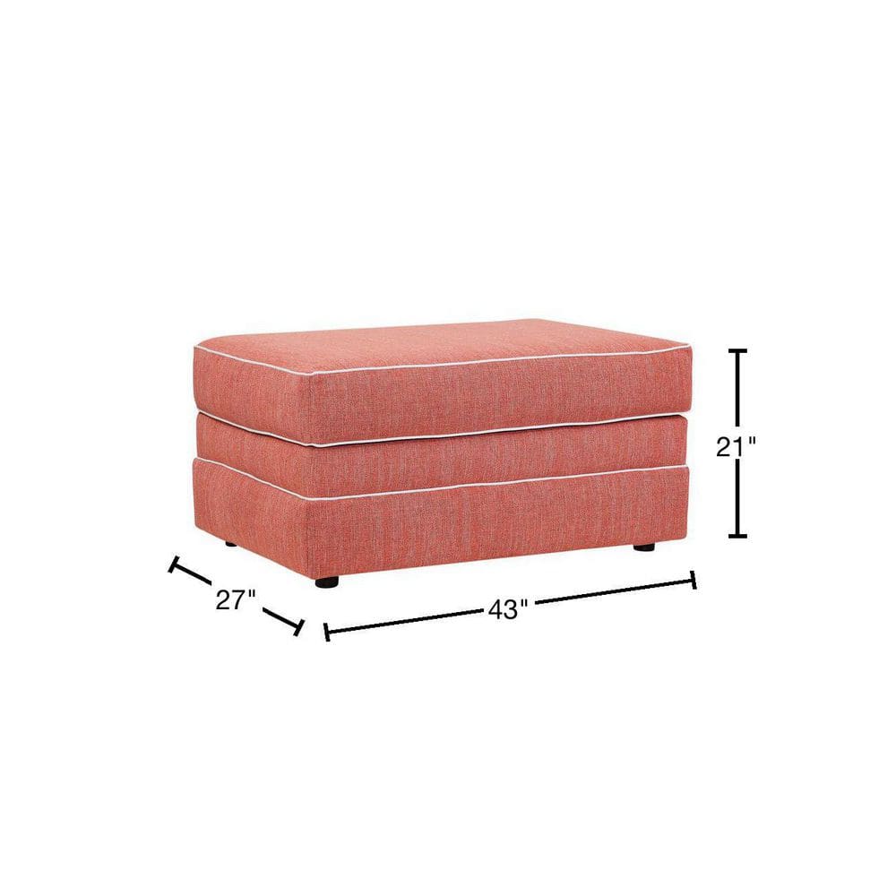 Coral and Ivory Coastal Linen-Blend Upholstered Ottoman