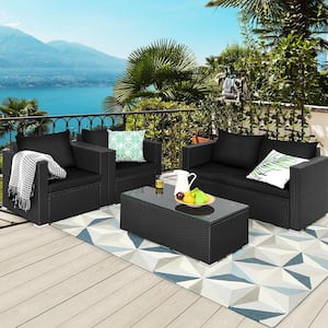 4PCS Rattan Patio Conversation Set Outdoor Furniture Set w/Black Cushions