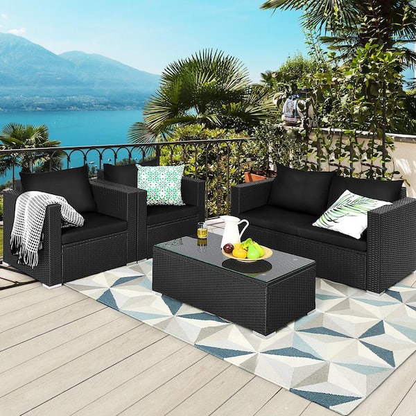 8-Piece Rattan Patio Conversation Set Outdoor Furniture Set w/Black Cushions