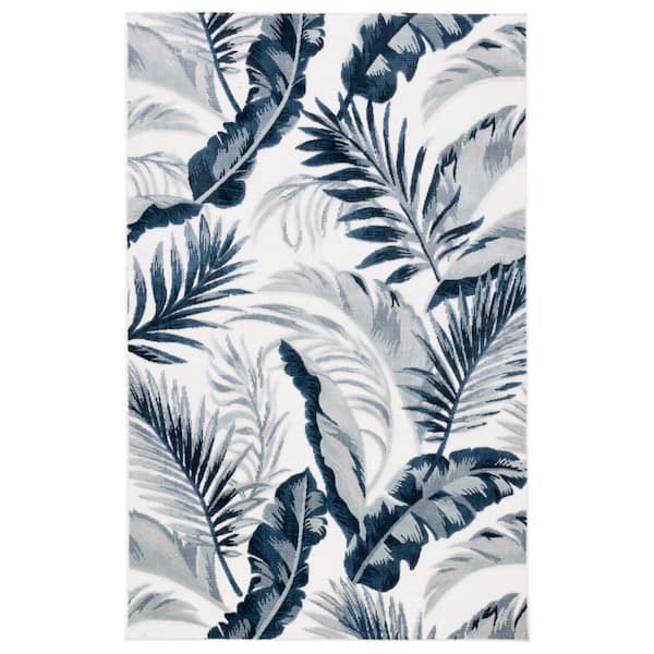 SAFAVIEH Cabana Ivory/Navy 9 ft. x 12 ft. High-Low Leaf Indoor/Outdoor Area Rug