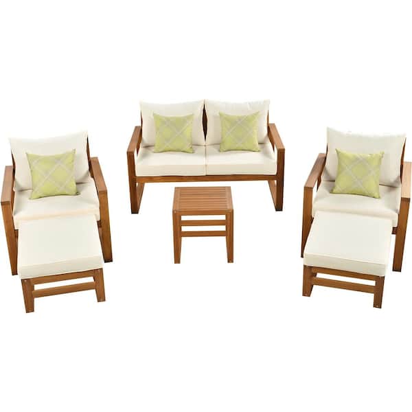 Polibi 6-Piece Acacia Wood Patio Conversation Sectional Seating Set with Beige Cushions and Ottomans