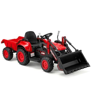 9 in Boys' Electric Bulldozer, 12-Volt Toy Tractor Kids Car with Remote Control, Trailer, Horn and Music, Red