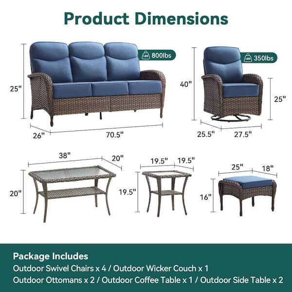 Moonridge 10-Piece Brown Wicker Patio Conversation Set with 6 in. Olefin Blue Cushions/Patio Swivel Chairs with Sofa