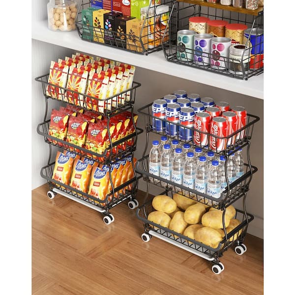 3-Shelf Black Large Capacity Pantry Storage Cart with Lockable Wheels, Pantry Baskets, Pantry Shelves for Fruit Snack