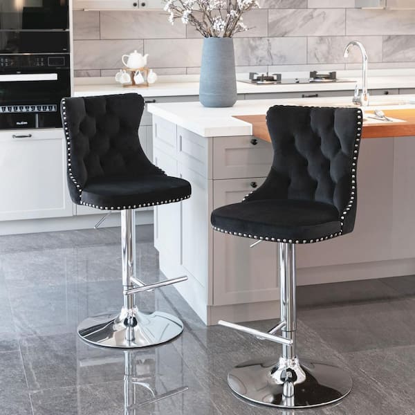 Aoibox 33 in. Black High Back Metal Barstools with Swivel Velvet Adjustable Seat 2-Sets included
