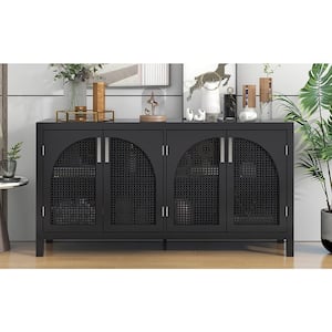 Black Wood 60 in. 4-Rattan Door Sideboard Modern Buffet Cabinet with Adjustable Shelves and Large Storage Space