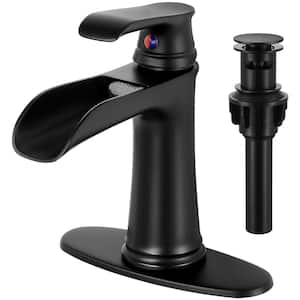 Single Handle Single Hole Waterfall Bathroom Faucet with Deckplate Included in Matte Black