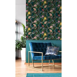 Teal Metallic Bold Flowers and Leaves Floral Shelf Liner Wallpaper (57 sq. ft) Double Roll
