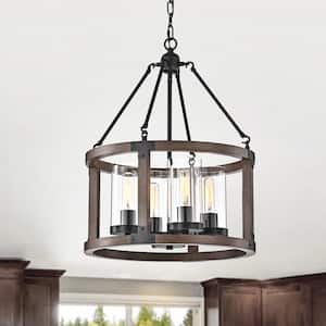 Carina 17.7 in. 4-Light Pine Wood Antique Black Metal Drum Cage Chandelier with Clear Glass Shades