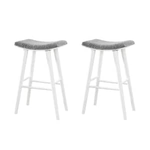 Luna 29 in. White Backless Wood Saddle Bar Stools with Gray Boucle Fabric Seat (Set of 2)