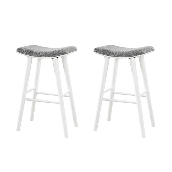 LuXeo Luna 29 in. White Backless Wood Saddle Bar Stools with Gray Boucle Fabric Seat (Set of 2)