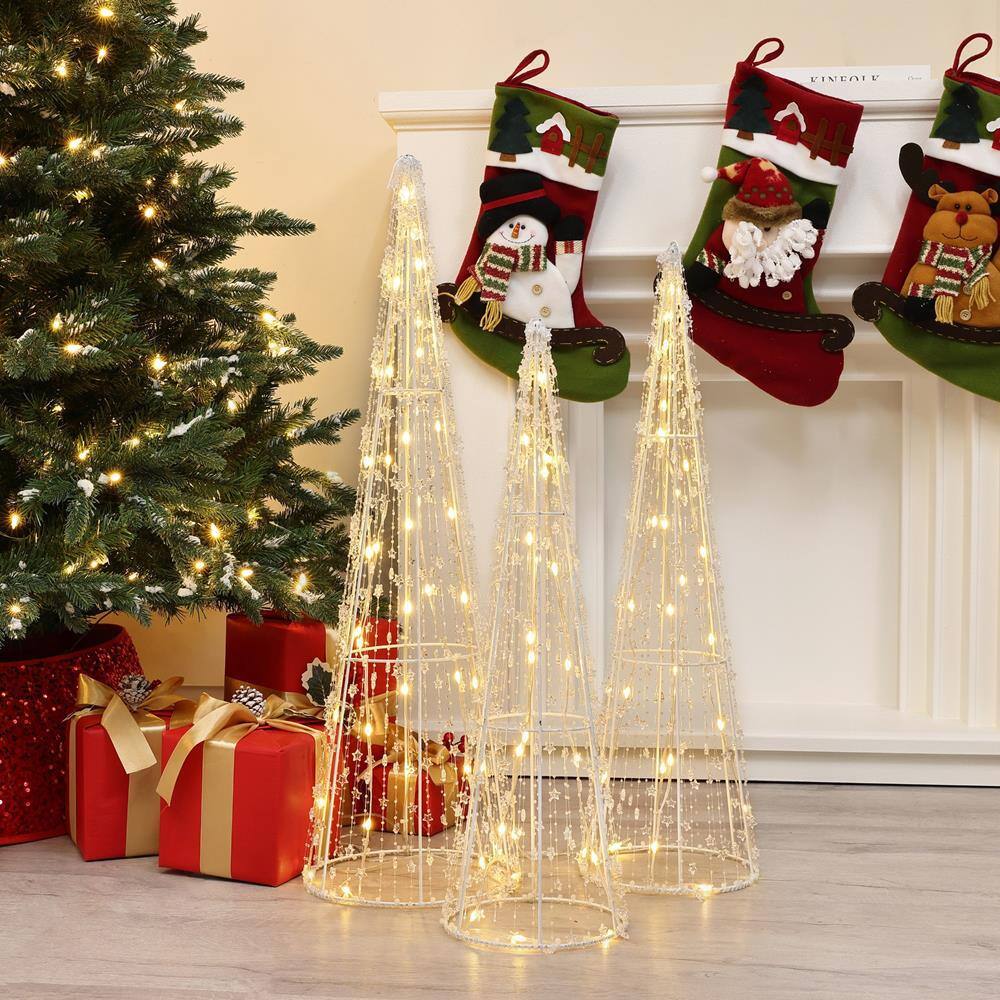 Gold Lighted Metal Cone Trees Set for Indoor and Outdoor Holiday Decoration