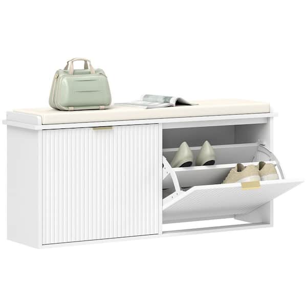 Shoe Storage Bench with Padded Seat Cushion and Flip-Drawer, Entryway Bench, Shoe Cabinet for 10-Shoes in White