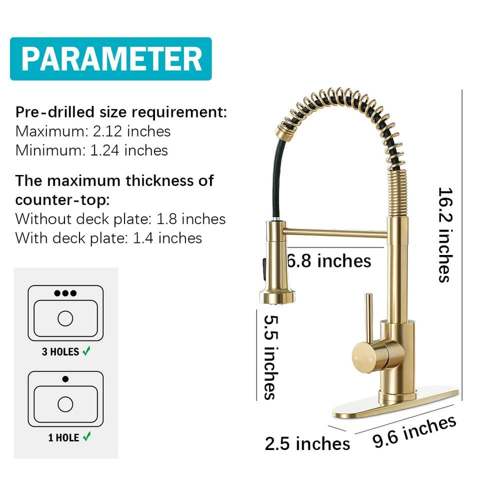 Brushed Gold Stainless Steel Pull Down Kitchen Faucet with Deck Plate