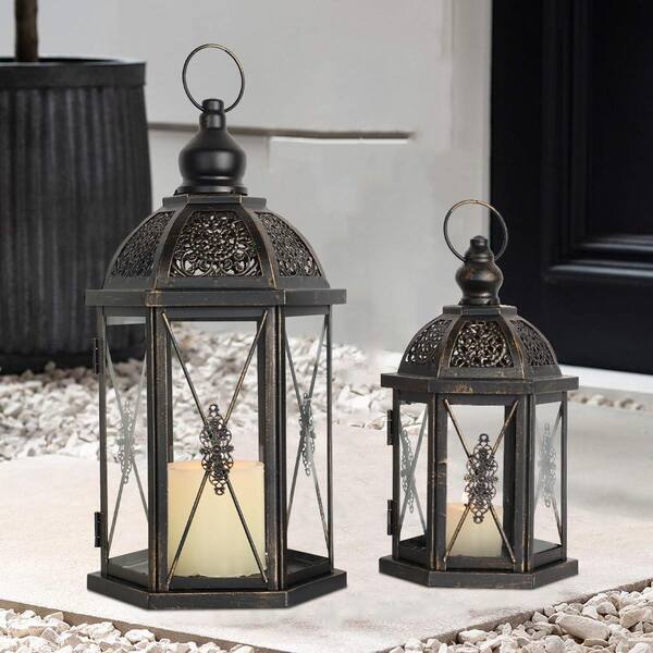 MOEPISY 15 in. and 10 in. H Metal Black Large Lantern Candle