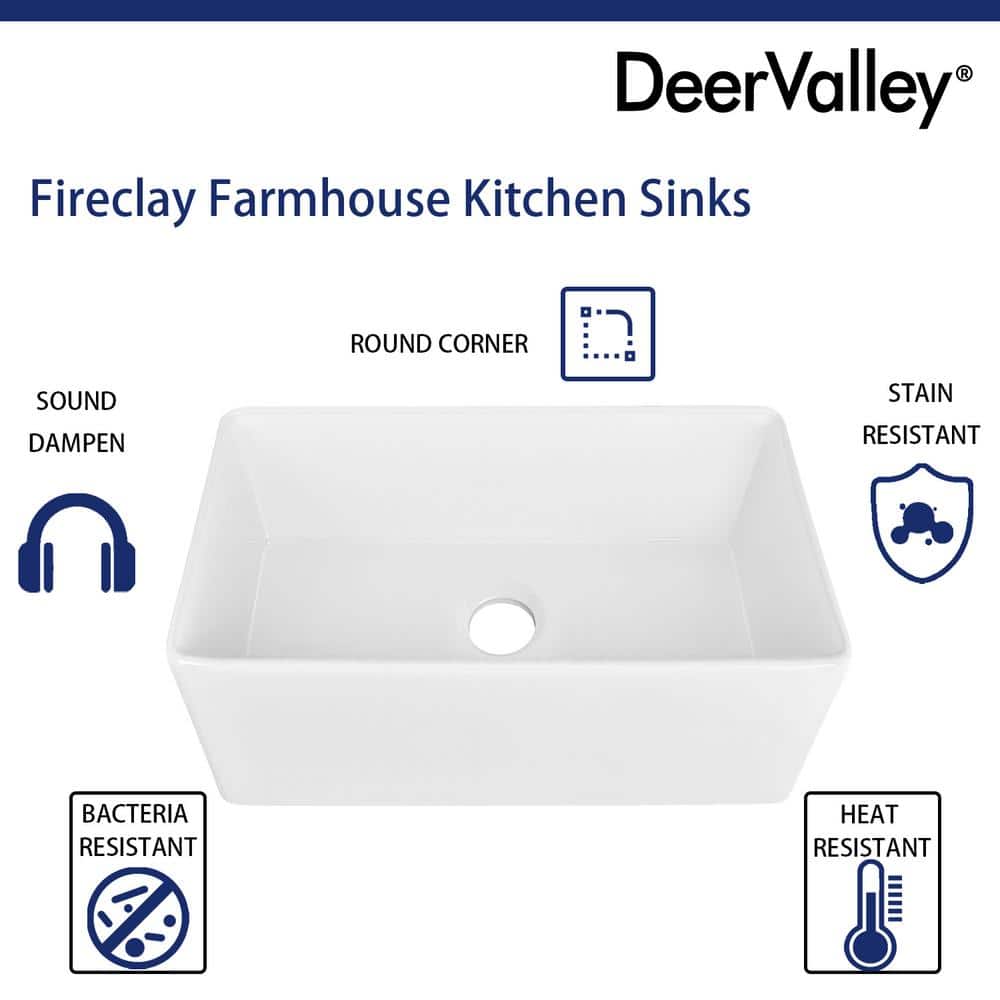33" White Fireclay Farmhouse Drop-In Kitchen Sink