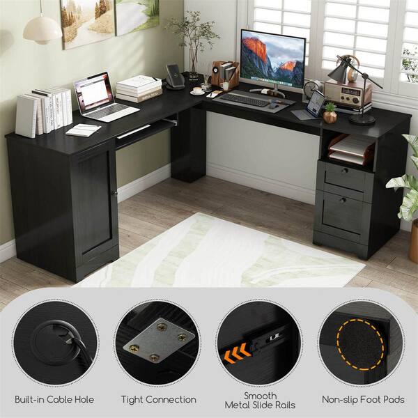 Costway 66 in. L-Shaped Black Corner Computer Desk Writing Table