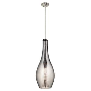 Everly 29.5 in. 1-Light Brushed Nickel Transitional Shaded Kitchen Teardrop Pendant Hanging Light with Mercury Glass