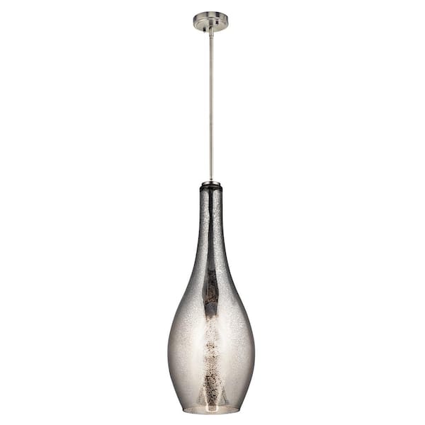 KICHLER Everly 29.5 in. 1-Light - Kitchen Brushed with Teardrop The Mercury Hanging Glass Depot Pendant Light Nickel Shaded Home Transitional 42475NIMER