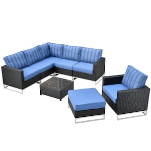 Mille Lacs Black 8-Piece NO ASSEMBLY Wicker Outdoor Patio Conversation Sectional Sofa Set with Striped Blue Cushions