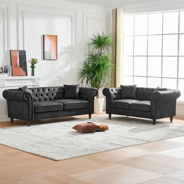 Seeds 2-Piece 83.25 in. Rolled Arm Fabric Rectangle 3+2 Seater Sofa in. Black with Nailhead Trim, Pillows