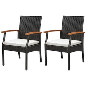 2-Piece Patio PE Wicker Outdoor Dining Chairs Acacia Wood Armrests with Soft Off White Cushion Balcony