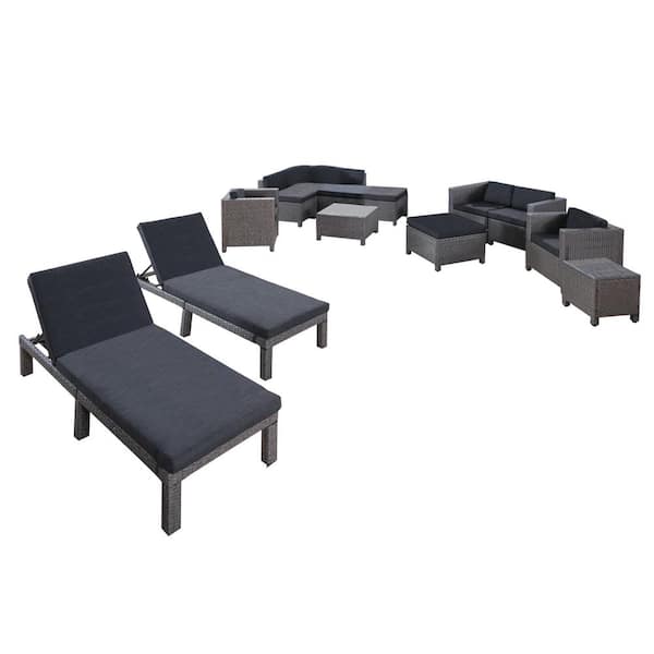 Noble House Puerta Dark Grey 13-Piece Wicker Outdoor Sectional Set with Mixed Black Cushions
