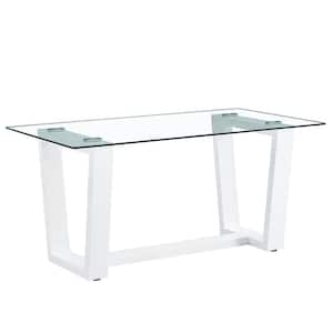 63 in. Rectangular Glass Dining Table with 0.4 in. Tempered Glass Tabletop and White MDF Trapezoid Bracket