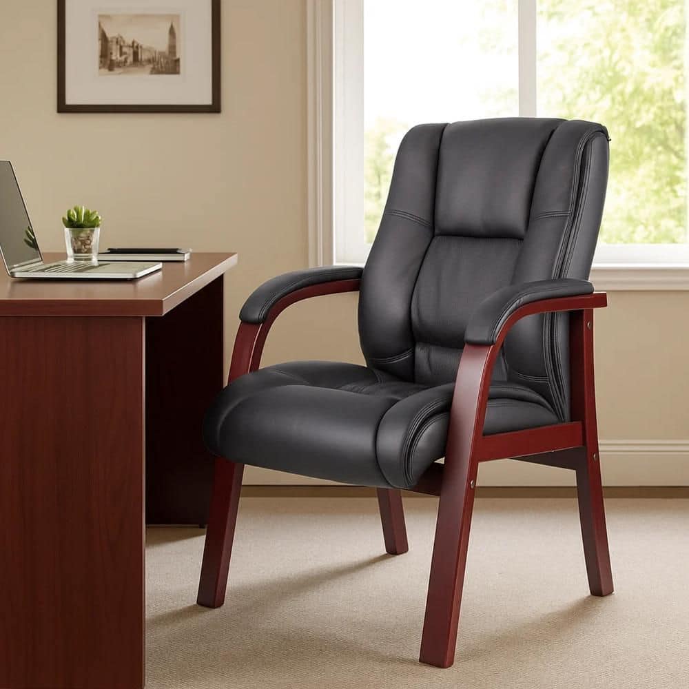 Aria Vinyl Upholstered Ergonomic Office Guest Chair in Black and Mahogany Brown with Non-Adjustable Arms