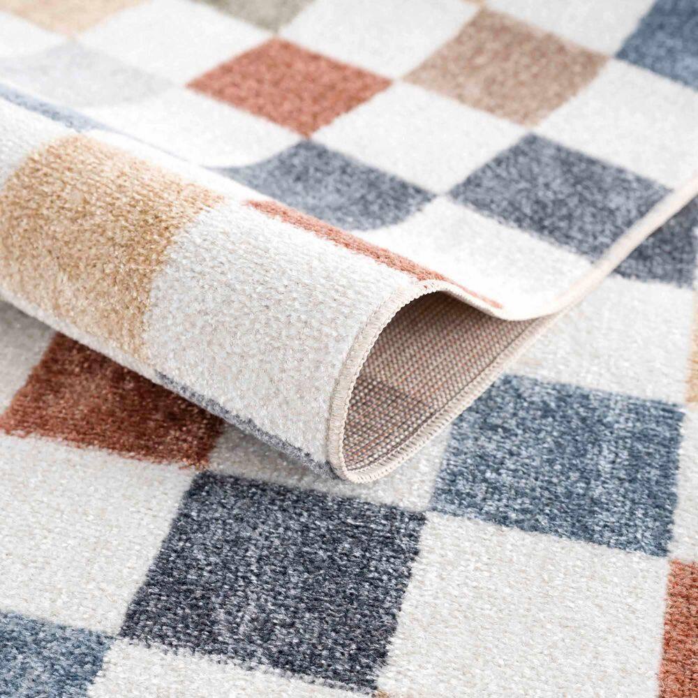 Alia Blue and Tan Checkered Washable Polyester Rug