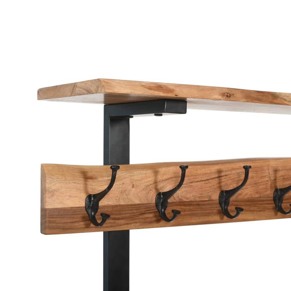 Natural Acacia Wood Hall Tree with Metal Hooks and Shelves