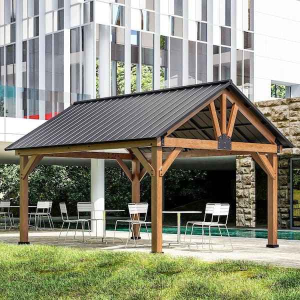 Unbranded 13 ft. x 15 ft. Cedar Wood Hardtop Gazebo with Black Galvanized Steel Roof and Ceiling Hook for Patio, Garden, Lawns