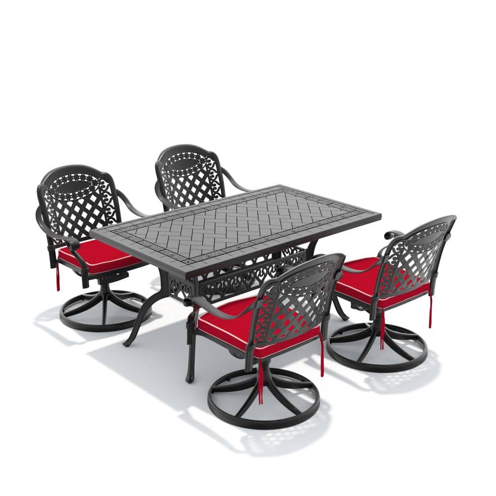 Black 5-Piece Cast aluminum Rectangle Outdoor Dining Set with Red Cushion Patio Furniture Set with Swivel Dining Chair price history on PriceWatchPro