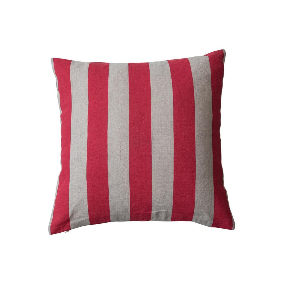 Storied Home Red and Natural Polyester 20 in. x 20 in. Striped Cotton and Linen Throw Pillow