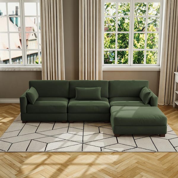 Uixe 123 in. Square Arm 4-Piece Corduroy Upholstered L-Shaped Sectional Sofa in Green
