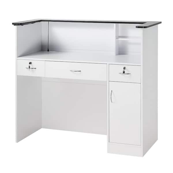 Reception Desk, 50 in. Rectangular Front Counter Table, Modern Office Reception Desk with Light Strip, 3 Drawers
